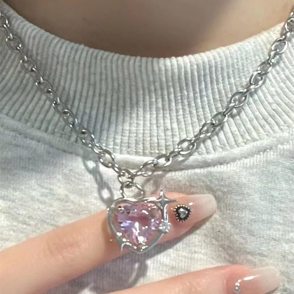 Y2k Pink Cinta Bintang Kalung Gadis Manis Tulang Selangka Women Necklace