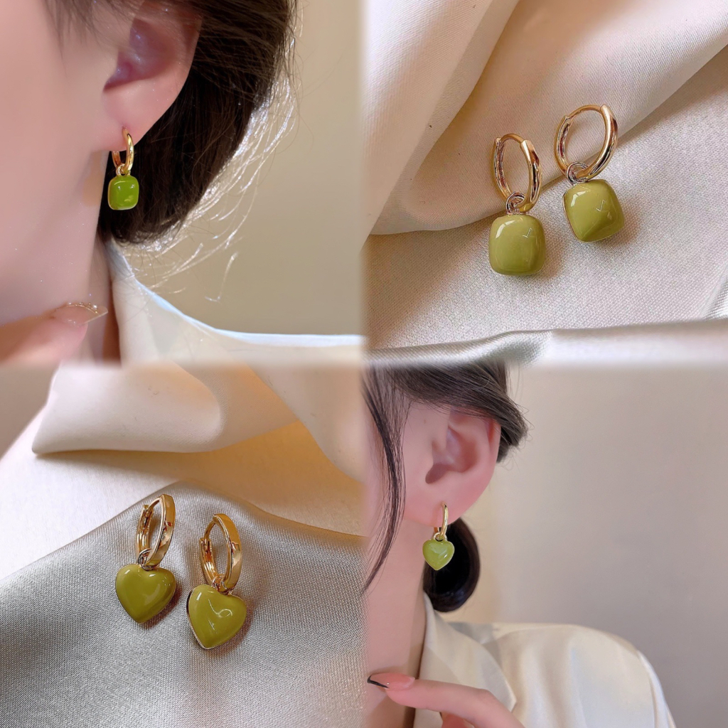 Retro Persegi Hijau Tiga Dimensi Peach Hati Persegi Geometris Anting-Anting Penjualan Panas Anting-Anting