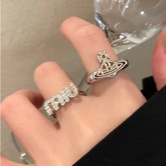 Cincin Huruf Zirkon Minimalis Gaya Perancis Versi Korea Saturn Berongga Cincin Jari Telunjuk