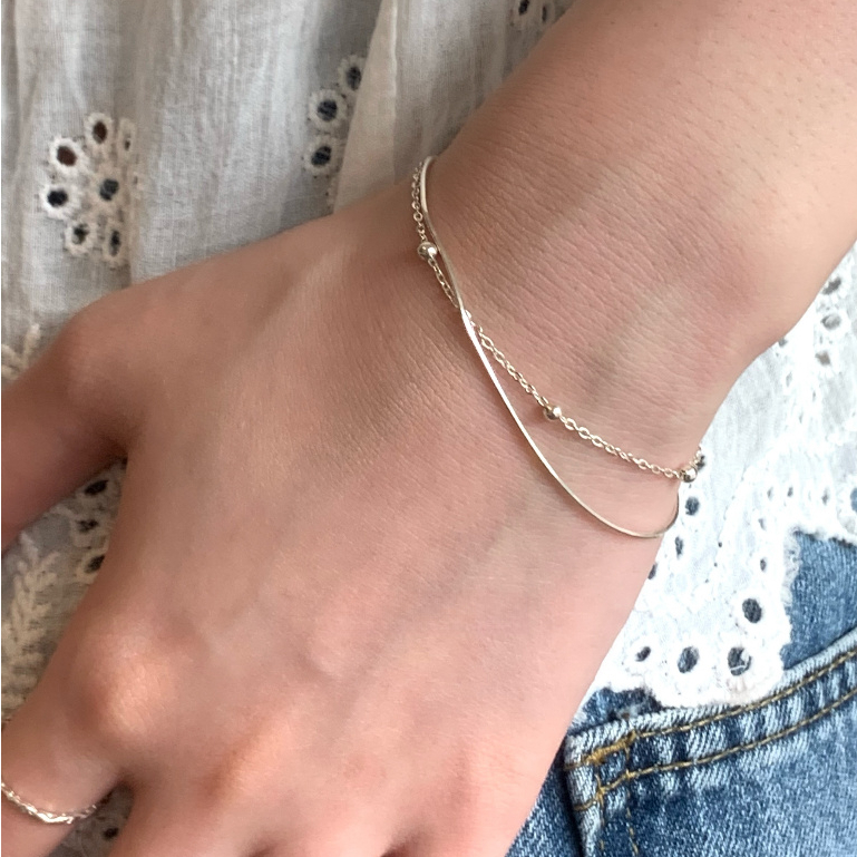 Sterling Silver Double Beads Silver Solid Bone Wire Chain Gaya Korea Keren Sederhana Plain Wire Chai