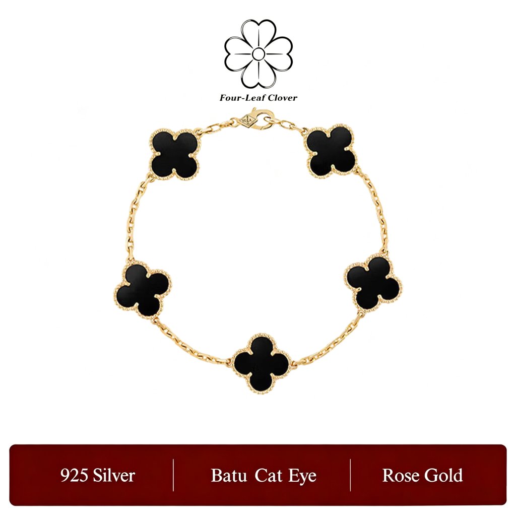 Gelang Tangan Four Leaf Clover Semanggi Empat Lapis Emas Batu Kerang Hitam Anti Karat Kado Wanita