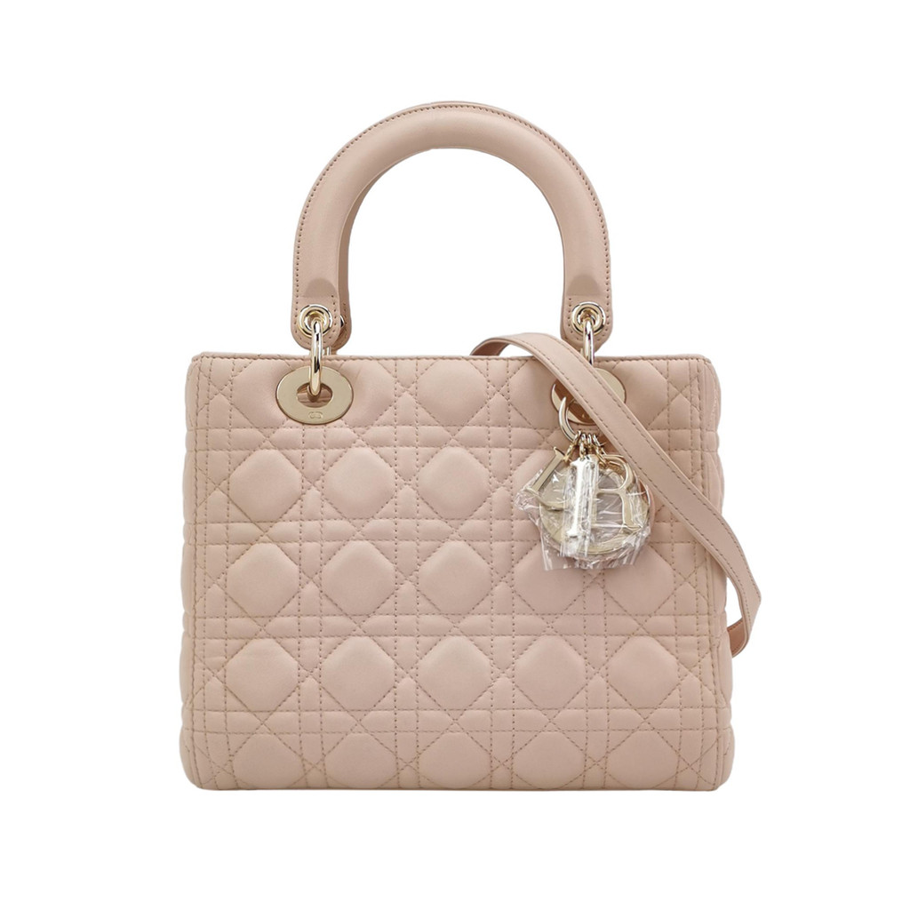 Dior Tas Selempang Lady Dior Medium Kulit Domba Warna Solid dengan Logo Monogram Cannage dan Gantung