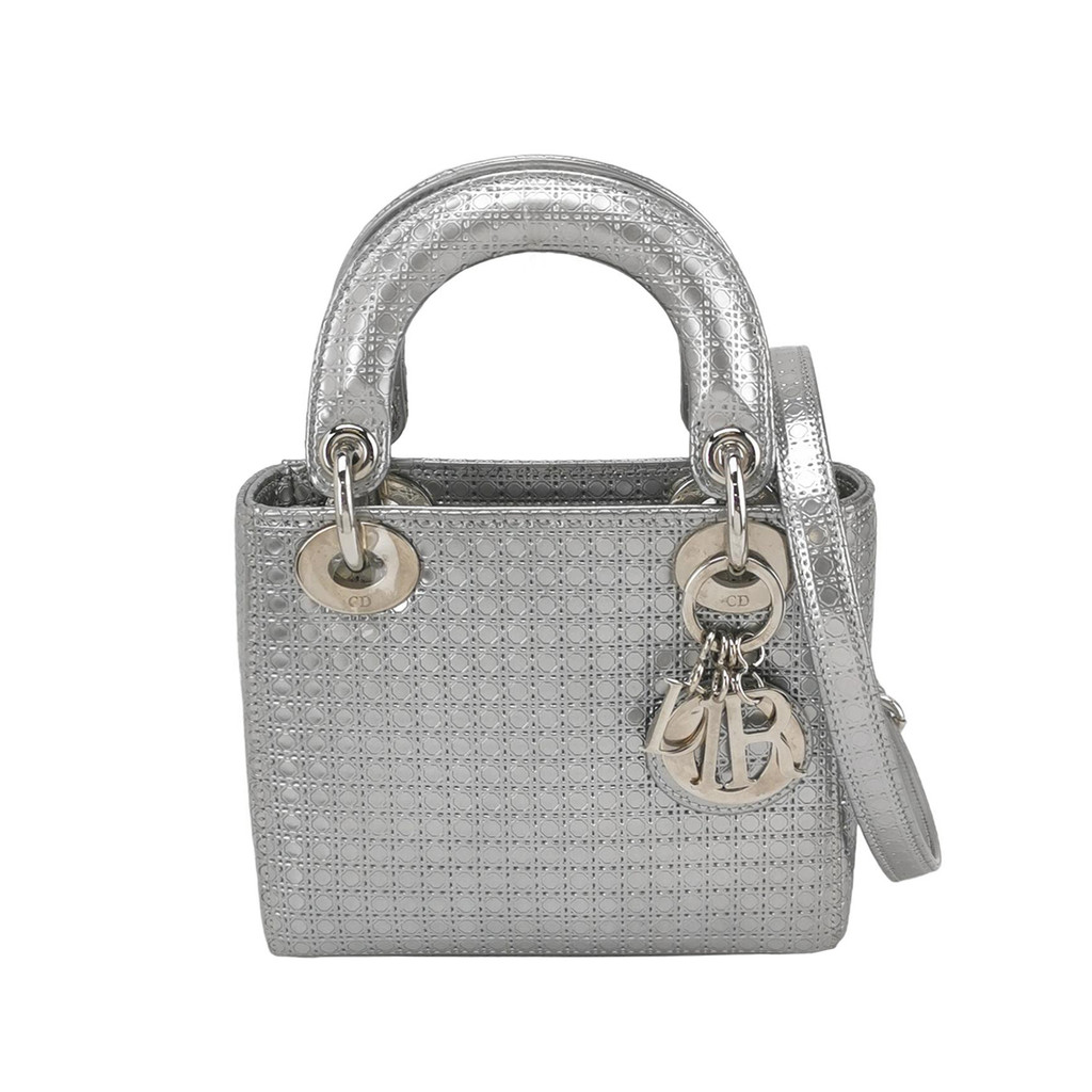 Dior Tas Selempang Lady Dior Mini Kulit Sapi Jaring Bercermin dengan Logo Monogram Gantung