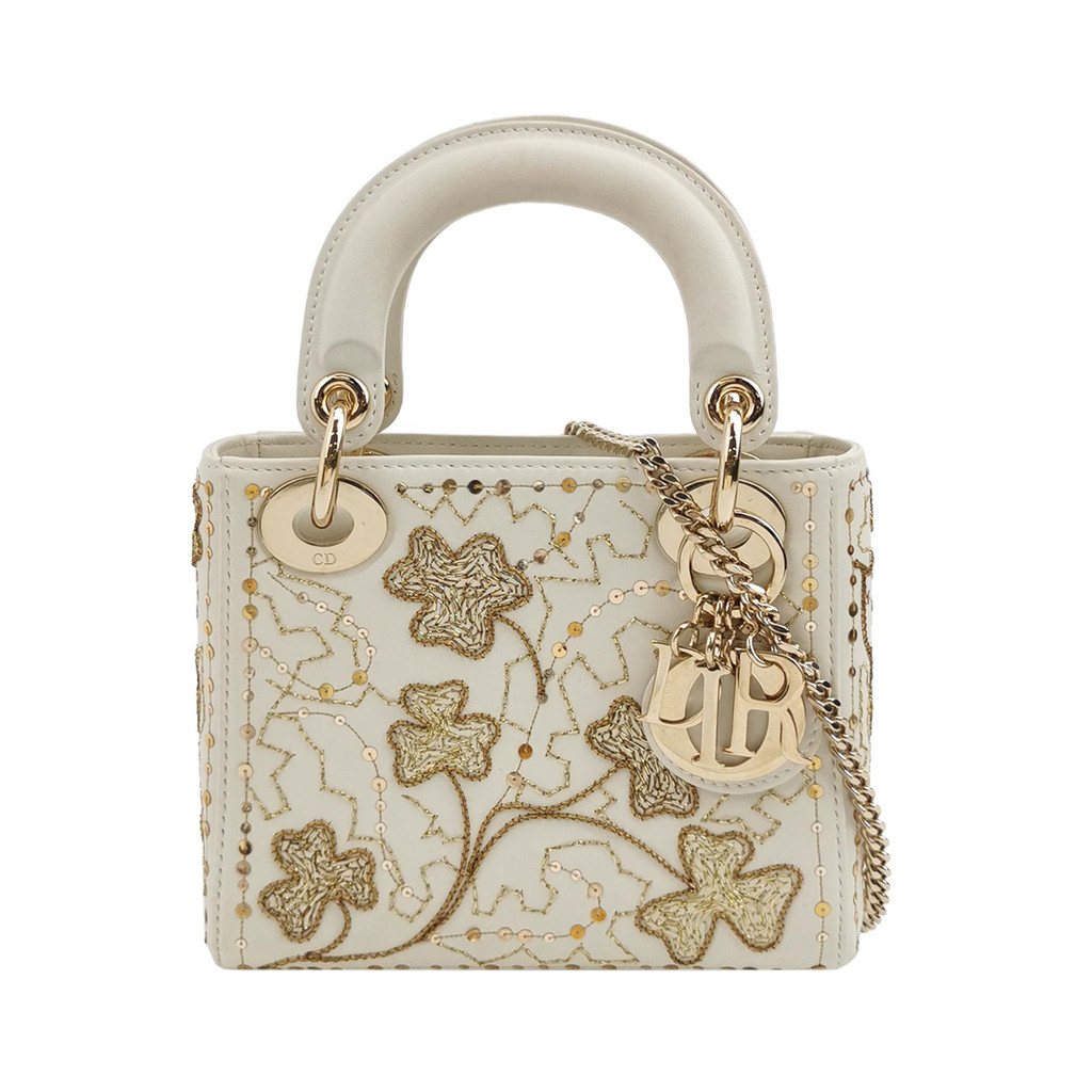 Dior Tas Selempang Lady Dior Mini Kulit Sapi Dua Bagian dengan Logo Huruf Dekoratif dan Gantungan