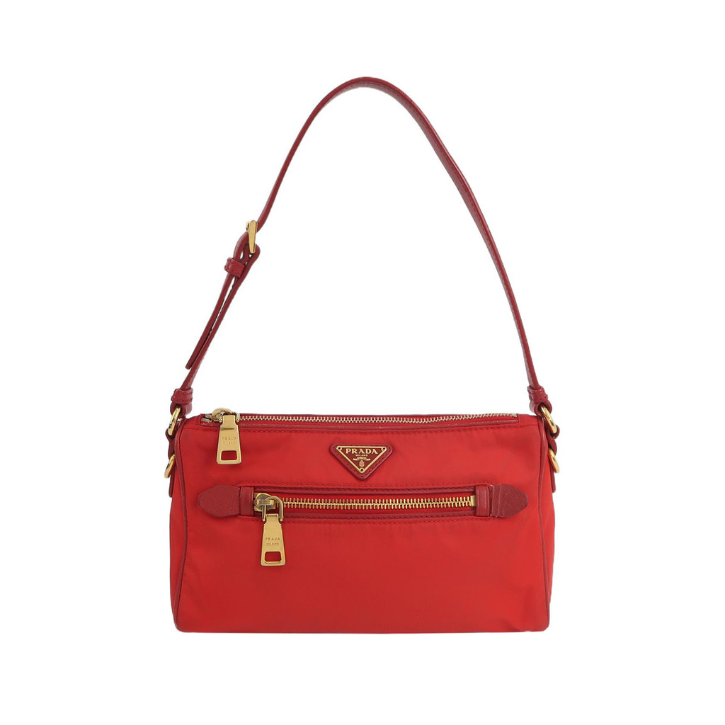 Prada Tas Bahu Kulit Sapi dengan Kanvas Nylon Warna Solid dan Logo Segitiga