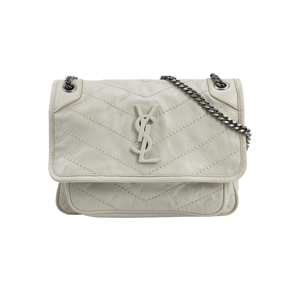 Saint Laurent Niki Tas Selempang Kecil Kulit Berlapis Lilin Warna Solid dengan Jahitan V dan Logo YS