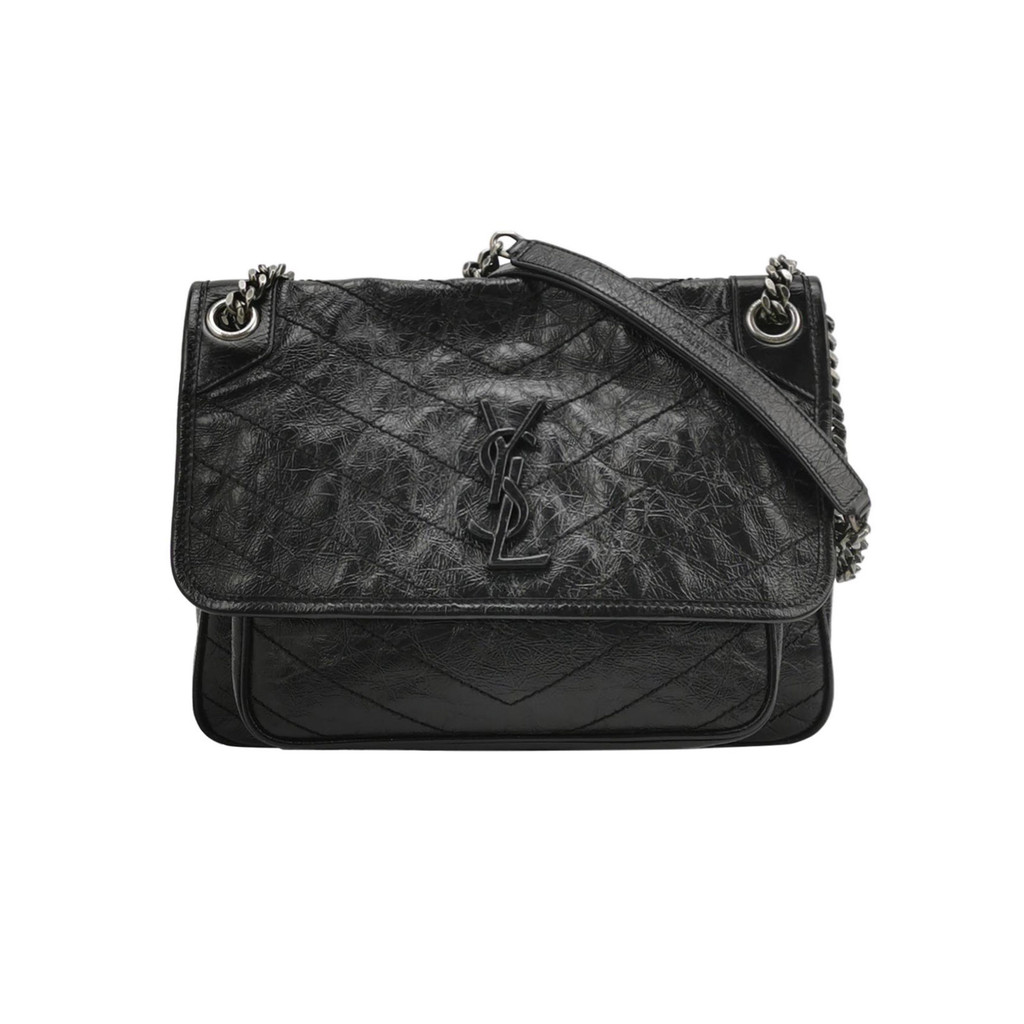 Saint Laurent Niki Medium Tas Bahu Kulit Berlapis Lilin Warna Solid dengan Jahitan V dan Logo YSL