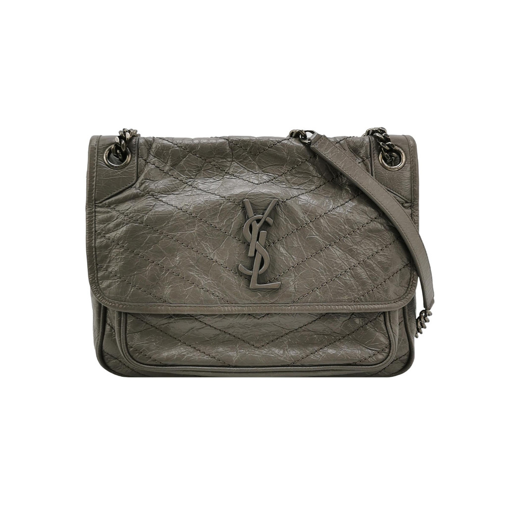 Saint Laurent Niki Medium Kulit Berlapis Lilin Warna Solid Jahitan V Logo YSL Tas Bahu