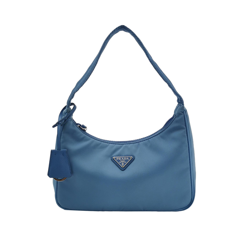 Prada Tas Selempang Tote Kulit Sapi Prada Hobo Warna Solid dengan Logo Segitiga dan Nylon