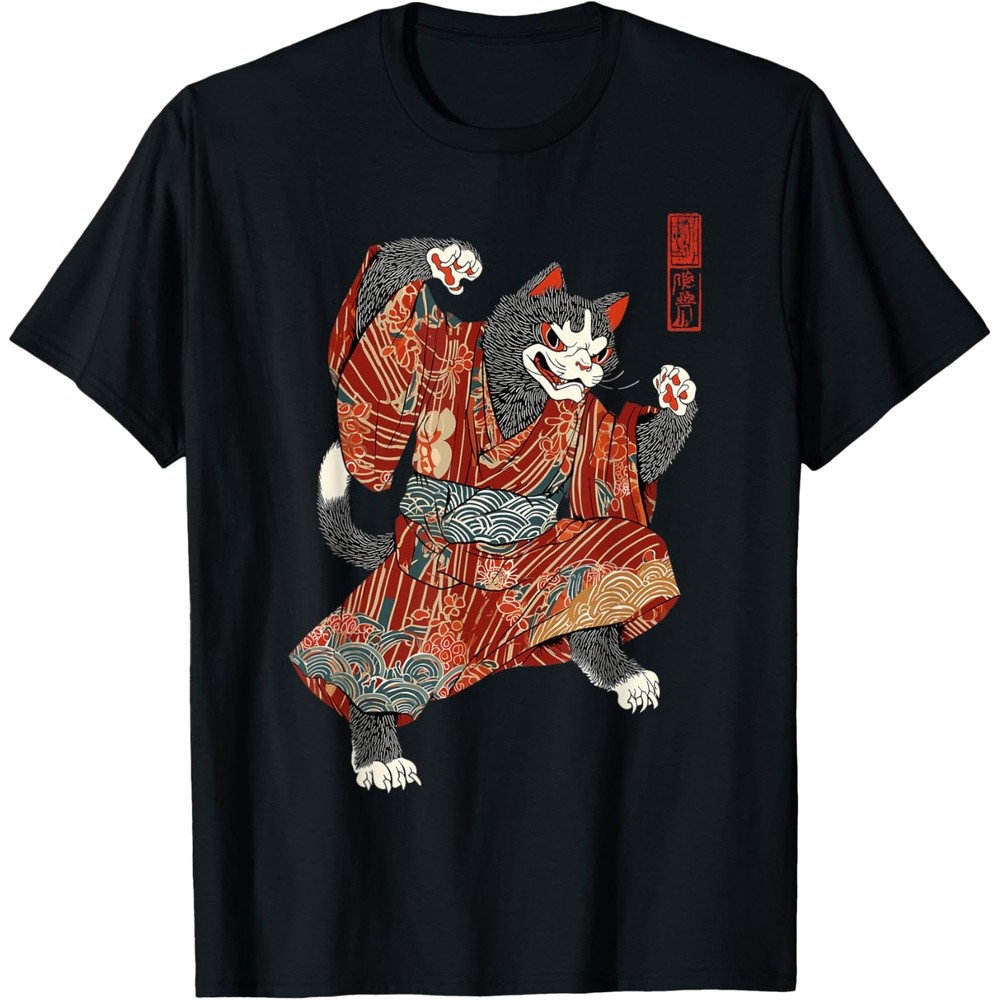 Samurai Cat Japanese Art Ukiyo-e Funny Warrior Harajuku T-Shirt