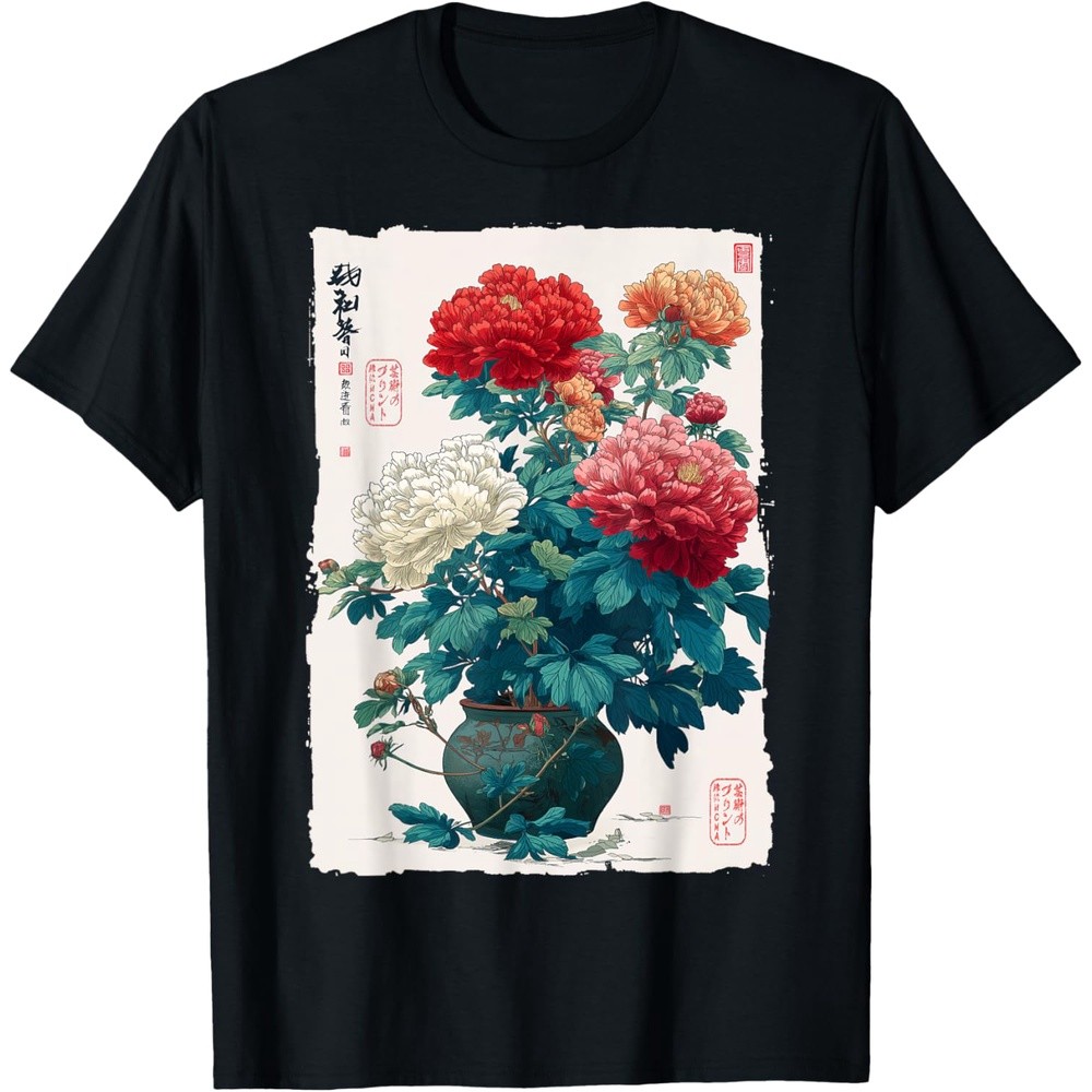 Vintage Japanese Peony Flower Botanical Art Ukiyo-e T-Shirt