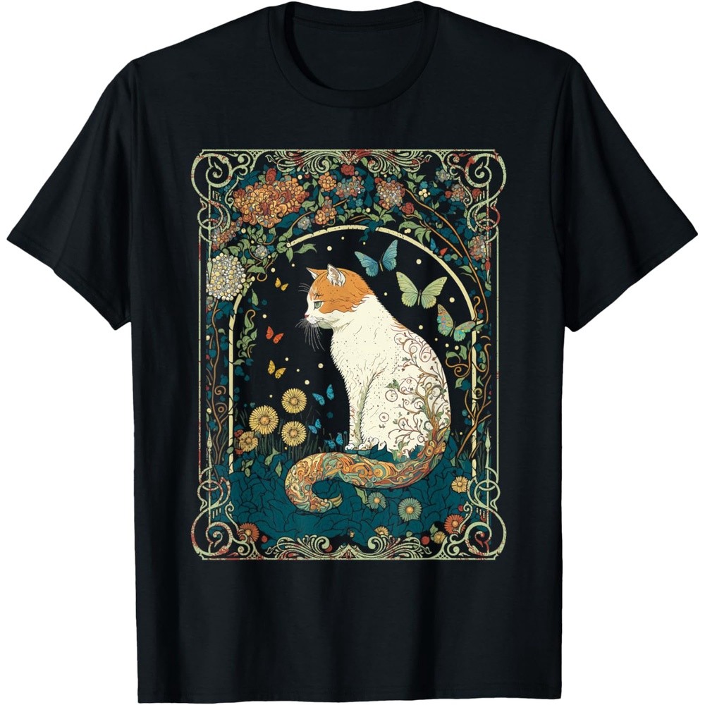 Cute Cottagecore Aesthetic Cat In Butterfly Garden Women T-Shirt