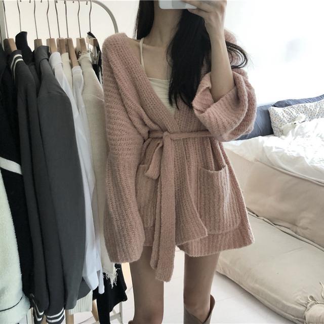 Red Wanita Merah Muda Sweter Mantel dengan Dua Setelan Satu Potong Lengan Panjang Longgar Kardigan Rajutan Musim Gugur dan Musim Dingin Atasan Panjang Trendi