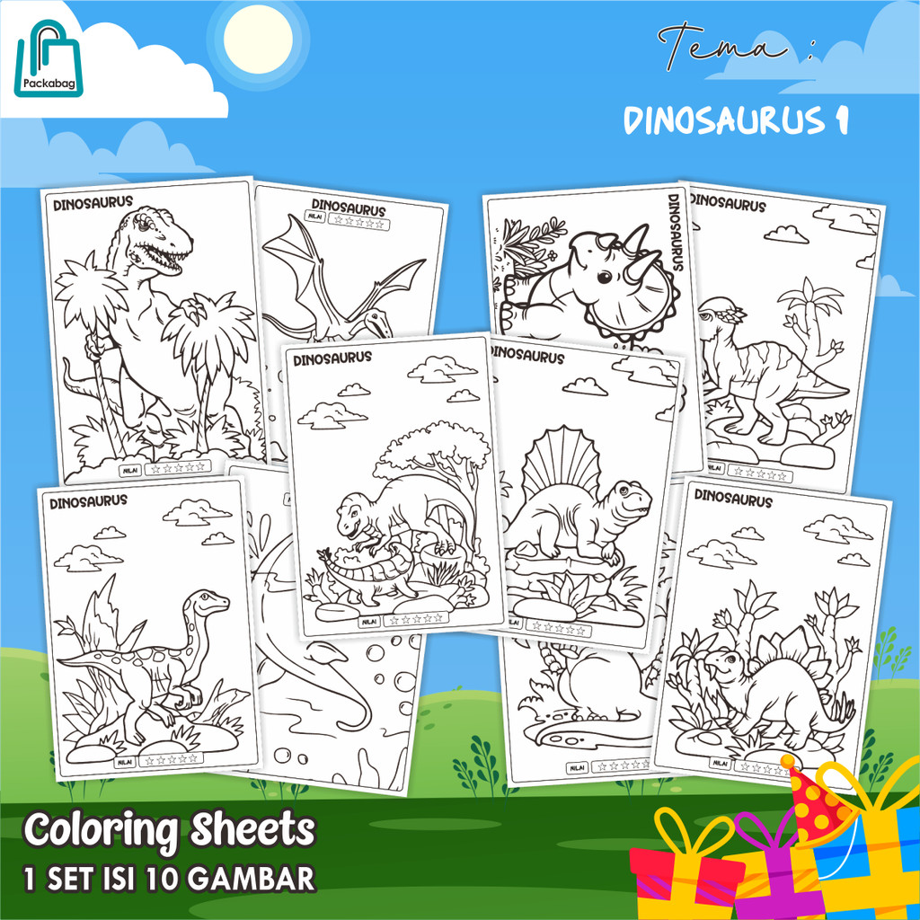 

KERTAS MEWARNAI ANAK UKURAN A4 – PAKET ISI 10 LEMBAR – COLORING SHEETS KARTUN EDUKATIF DINOSAURUS 01