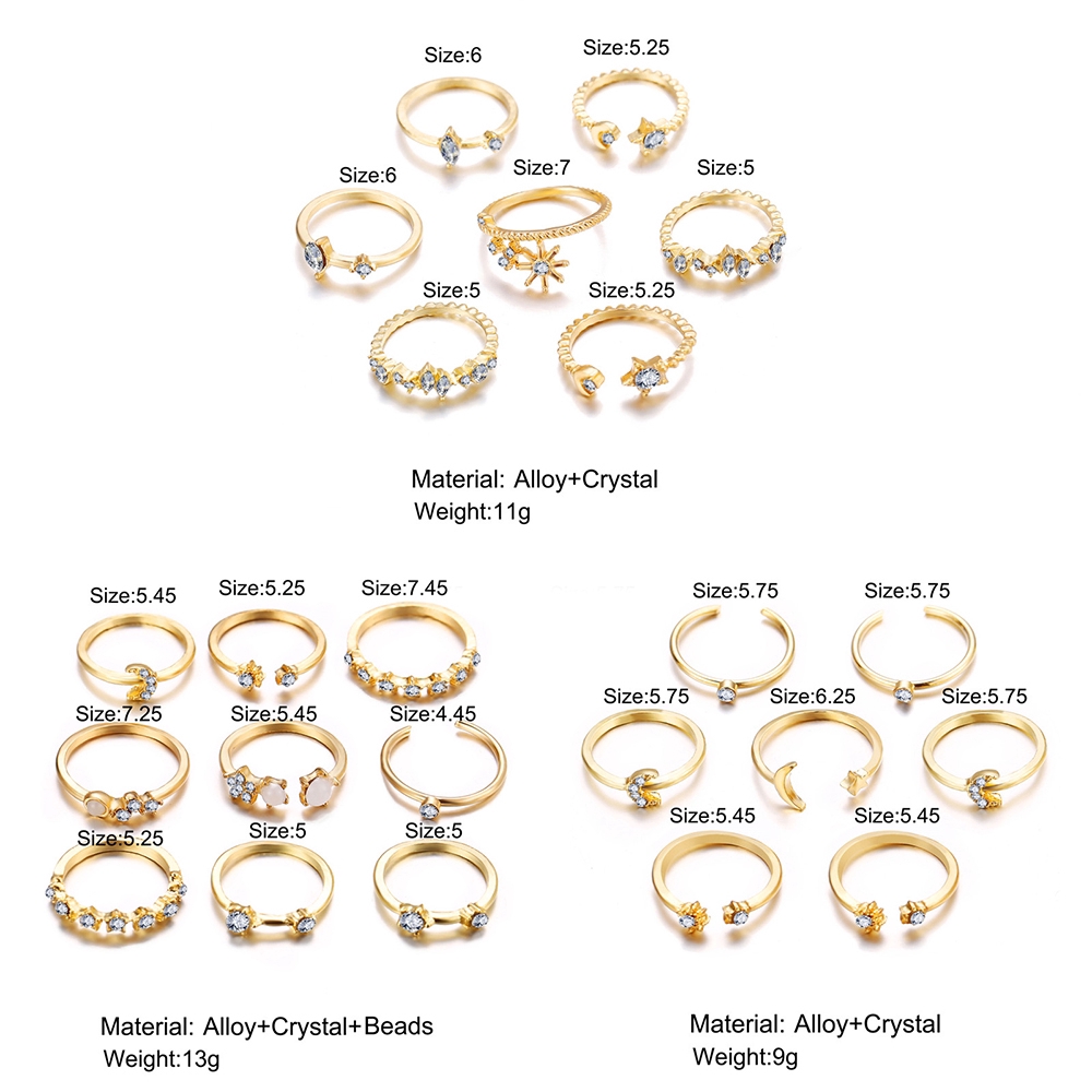 Cincin emas Set Bohemian Vintage Crystal Moon Star Rings Wanita Cincin Perhiasan Aksesoris Hadiah