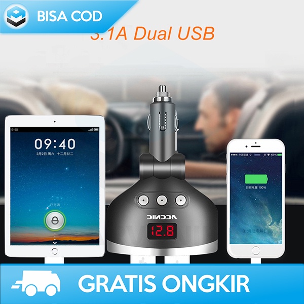 CASAN MOBIL 2 PORT USB LCD DISPLAY 3 LUBANG PEMANTIK ROKOK BY ACCNIC