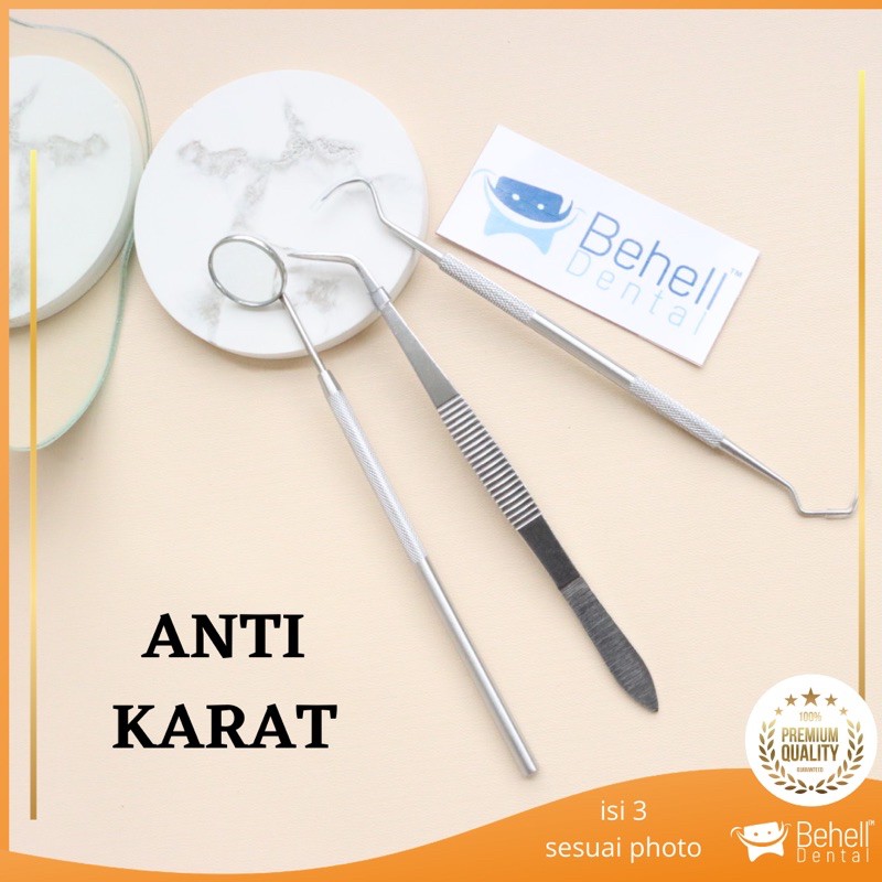 ALAT PEMBERSIH KARANG GIGI PLAK [ BESI ] Sonde Pinset Behel Bracket Kaca Mulut Set Instrument Mini Kit 3