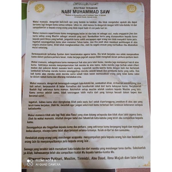 Poster  khutbah terakhir Nabi Muhammad LUSTER CETAK UV AWET ANTI gores