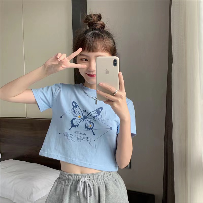 Sayishop Butterfly Crop Top / Kaos Crop Wanita Murah / Korean Crop Top