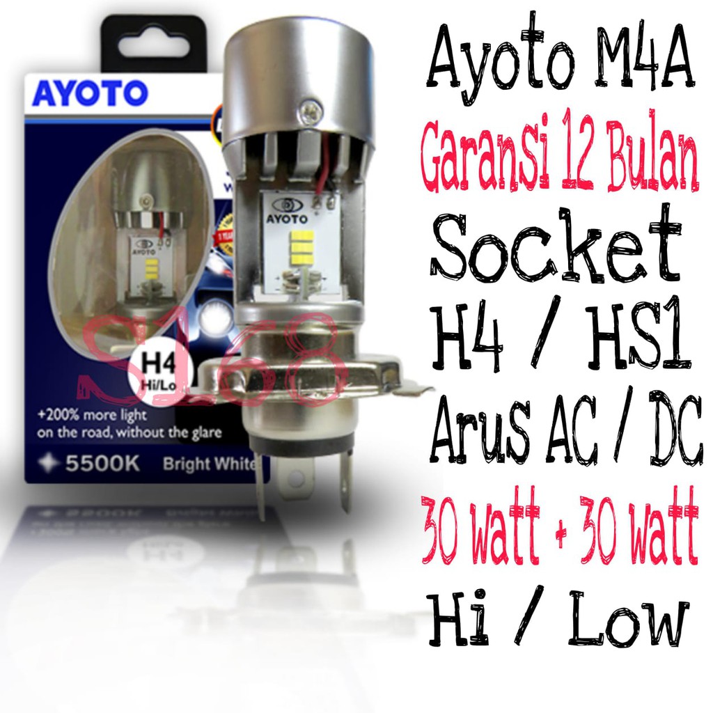 Lampu Led Motor VIXION AYOTO M4A Mobil Avanza Socket H4/HS1 Arus AC & DC 30+30 Watt PNP Warna Putih