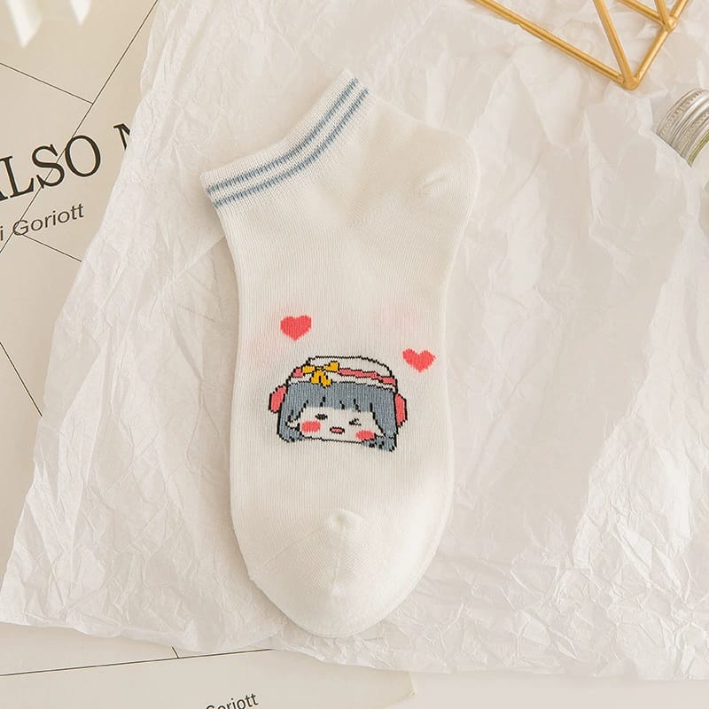 ✌️ Veshop ✌️ A185 Kaos Kaki Wanita Motif Gadis Bunga Kaoskaki Lucu Fashion Korea Women Sock Import-WHITE GIRL