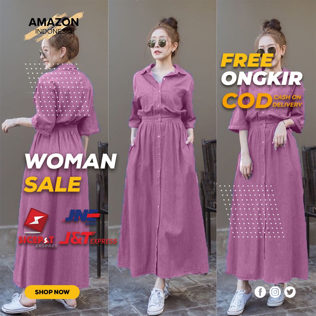 [BISA COD] MAXI JEANS DRESS GAMIS WANITA CEWEK PEREMPUAN WARNA DUSTY PINK MERAH MUDA PREMIUM QUALITY