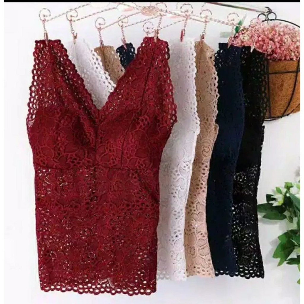 ATASAN TANKTOP TANK TOP KAMISOL V NECK PANJANG RENDA BRUKAT BROKAT PAKAI CUP BUSA