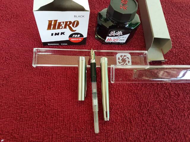 Paket Murah Fountain Pen Genius Titanium Shiny Pena Pulpen Nib M Dan Tinta Hero Ink Original