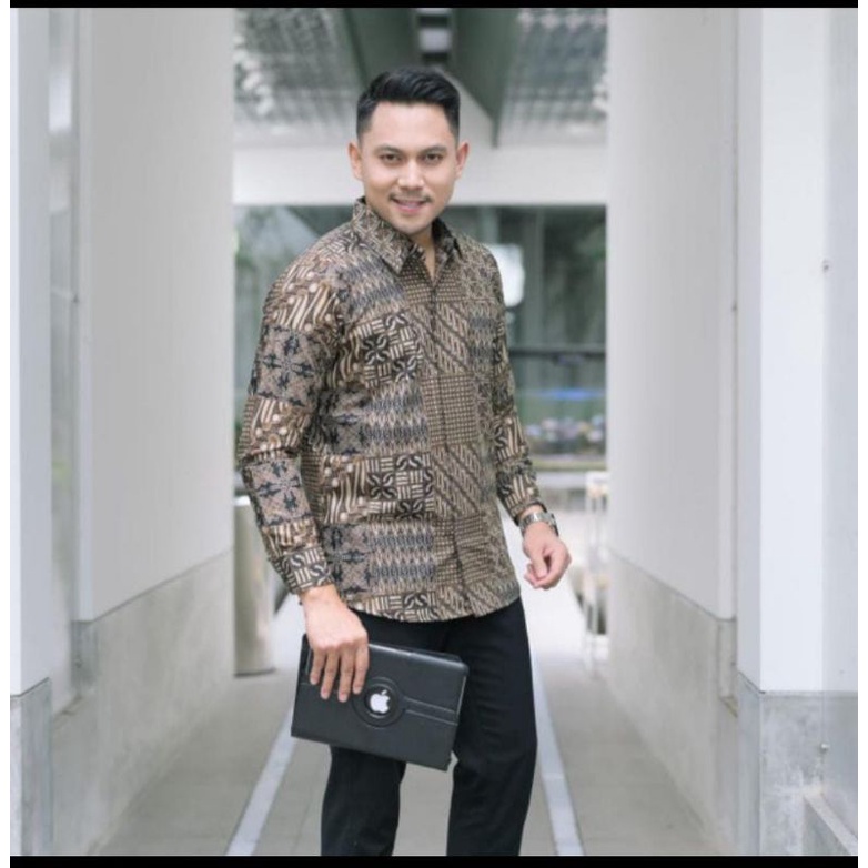 kemeja batik Kotak bergaris Slimfit lengan panjang lapis furing