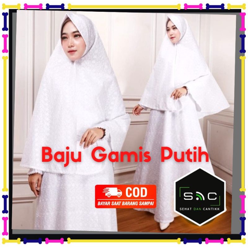 Baju Gamis Putih Polos Katun Jepang Motif Bordir Timbul Resleting Depan Kerah Sanghai M L XL XXL 3L 