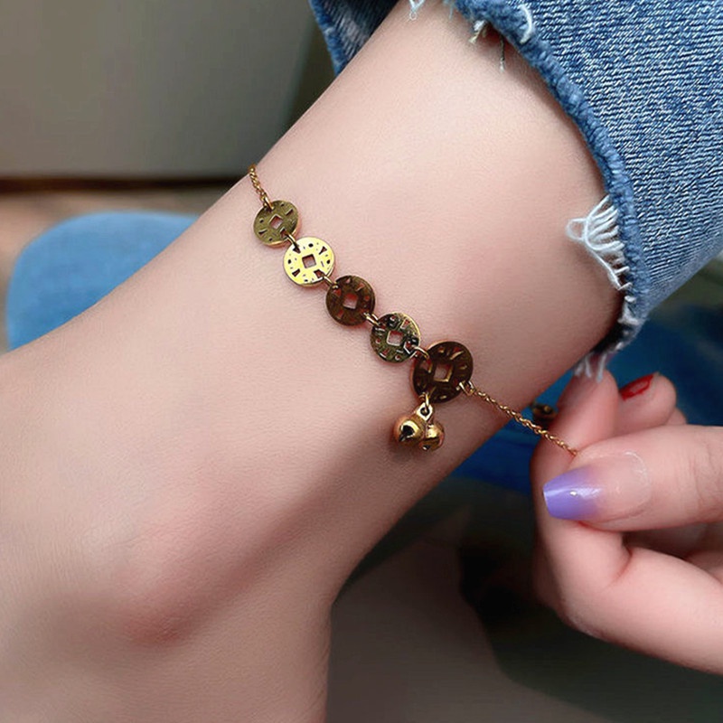 Gelang Kaki Titanium Anti Karat Lonceng Keberuntungan Lapis Emas Korea Perhiasan Wanita