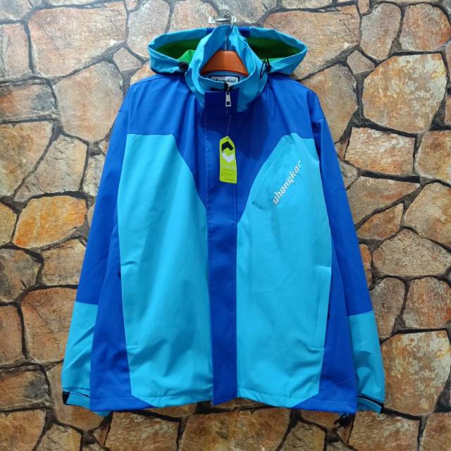 Jaket hoodie outdoor jaket gunung hiking antiair waterproof warna tosca kombinasi biru