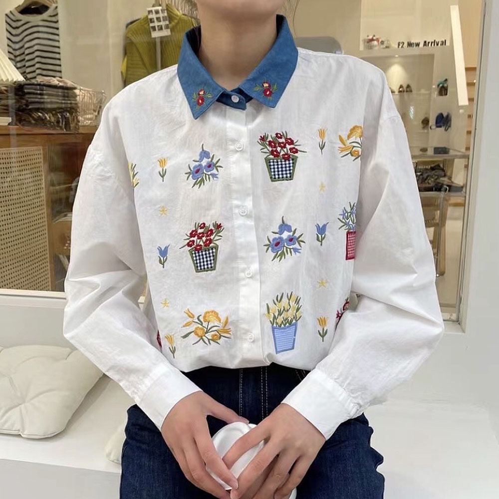 BLUS KEMEJA KATUN PUTIH PREMIUM BORDIR POTS & BUNGA KOREA IMPORT