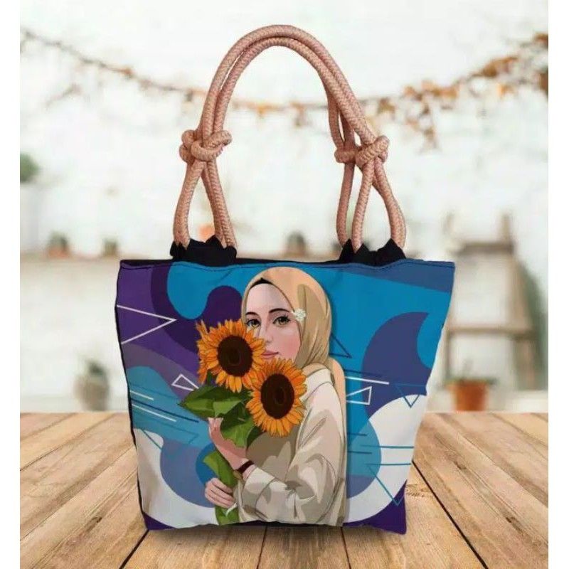 Totebag tali sumbu tas hijab bermotif karakter