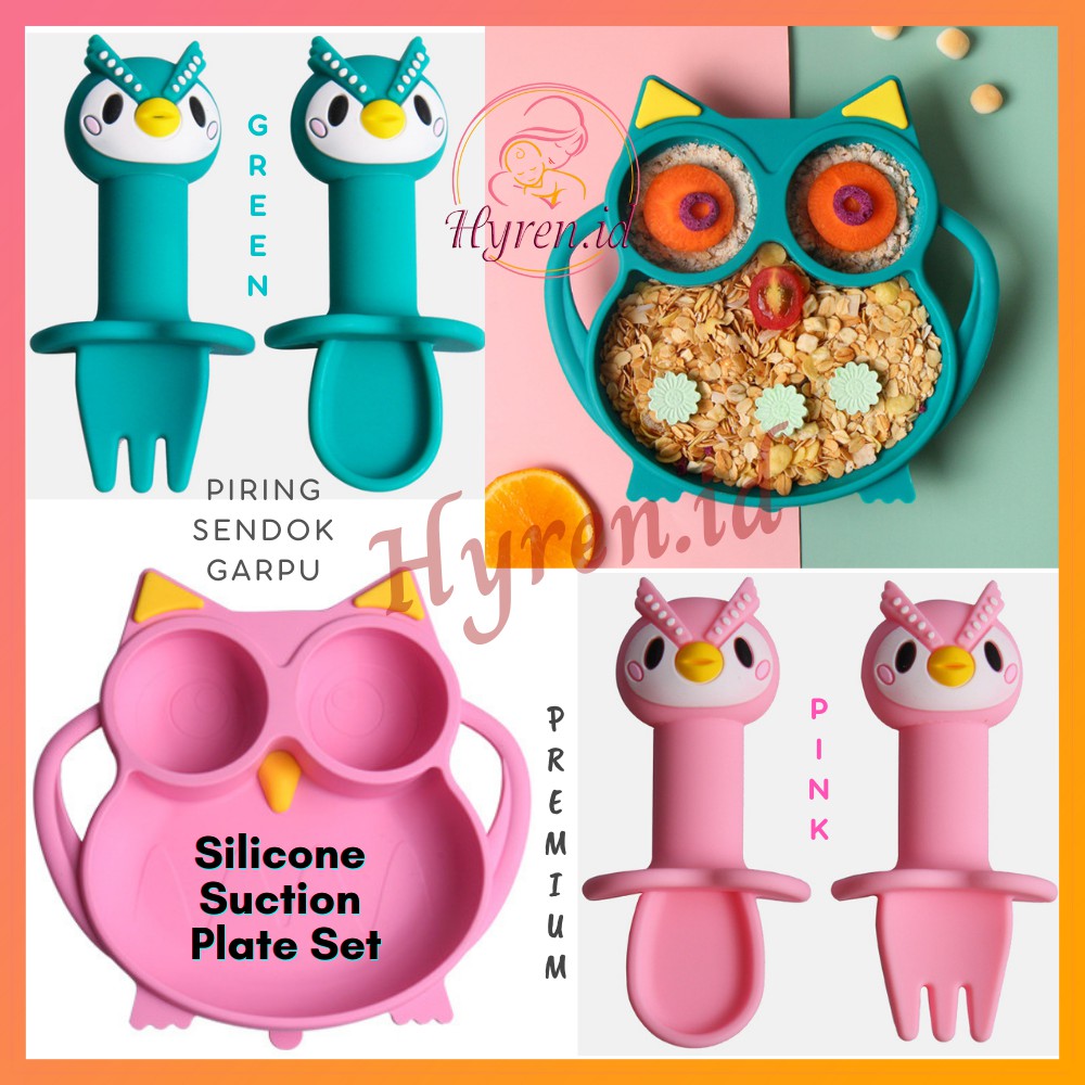 Hyren.id S12 Silicone Feeding Set Piring Bayi Suction Owl Sendok Garpu Tempat Makan Silikon Anti Slip Tumpah Burung Hantu Baby Plate Premium Balita Anak Lucu Cute Kartun Pink Green Hijau