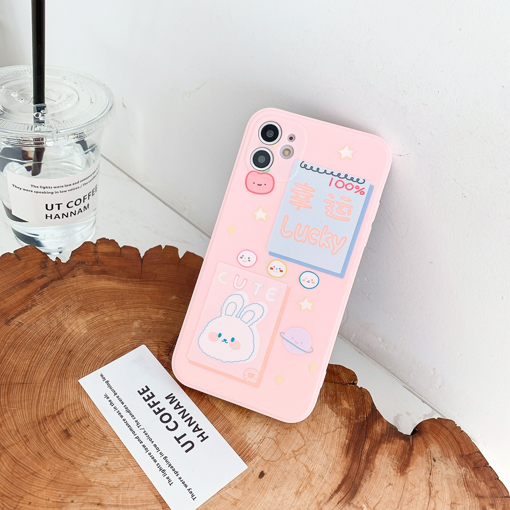 Luck bunny cute Bear pattern white iphone case 6 6s 7 8 plus XR 11 12 mini pro max Straight edge protection camera phone Cover-6