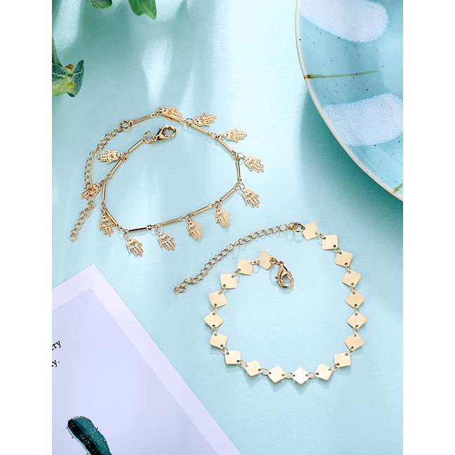 LRC Gelang Kaki Fashion Gold Metal Square Piece Palm Anklet Two-piece F76918