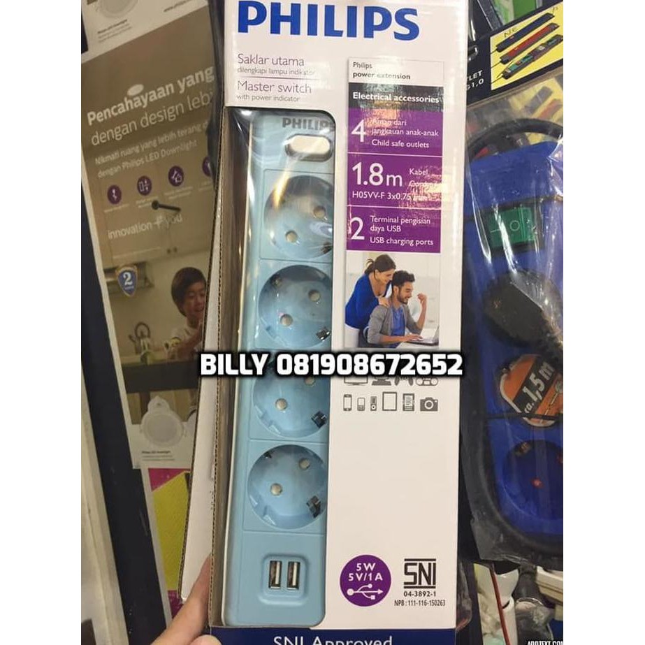 Stop Kontak PHILIPS Saklar Utama 4 lubang + USB port SNI garans