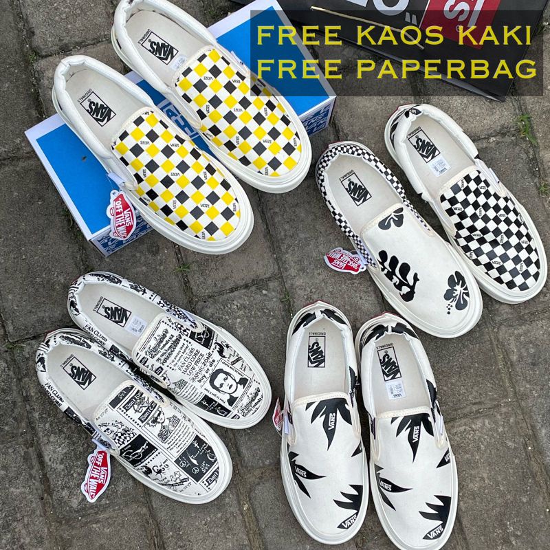 sepatu vans slip on / checkerboard / logo print / moma / checkerboard x porter yoshida / slip on og mono + kaos kaki premium quality