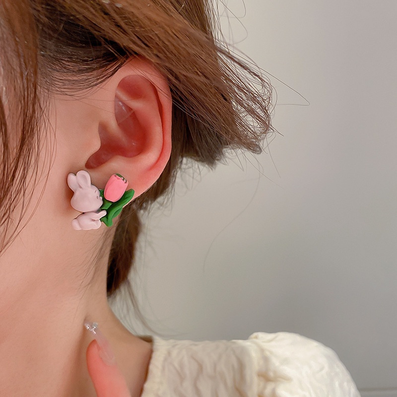 Anting Tusuk Motif Kartun Kelinci Tulip Lucu Ala Jepang / Korea Warna Pink Untuk Wanita