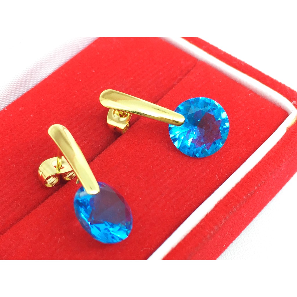 Anting Stainless Steel Lapis Emas 18k Gold Kaku Batu Biru Muda BE123B