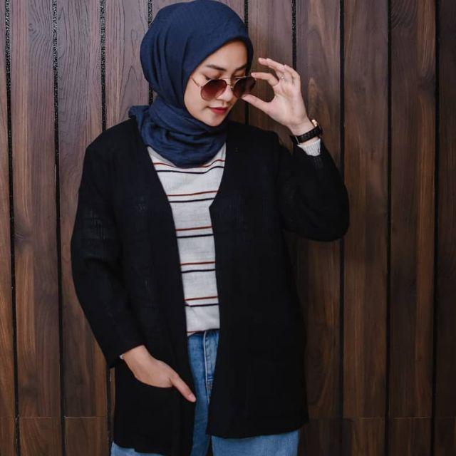 PREMIUM LOOCY POCKET CARDIE / KARDIGAN RAJUT SAKU POLOS locy Oversized cardy-Hitam