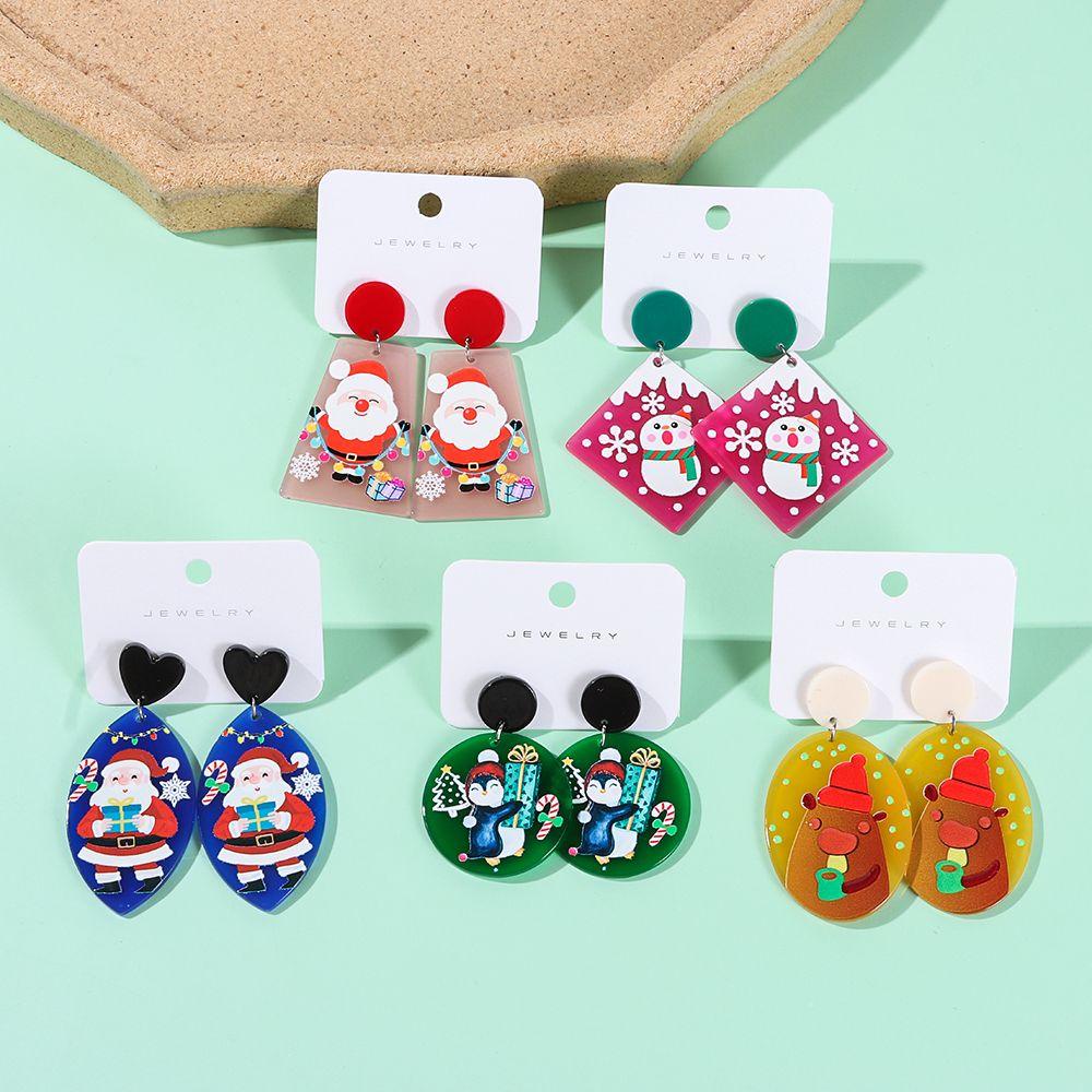 R-bunga Anting Natal Mode Kreatif Snowflake Snowman Xmas Hadiah Akrilik