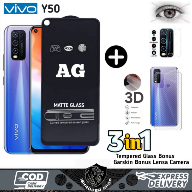 TEMPERED GLASS AG MATTE 3IN1 VIVO Y50 Y30 Y91 Y91C Y93 Y95  BONUS LENSA CAMERA+GARSKIN CARBON