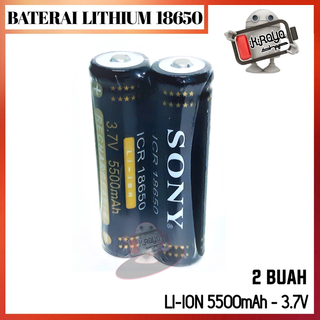 Baterai 18650 Li-ion 3.7volt - 5500mAh Warna Hitam Plus Timbul Isi 2pcs