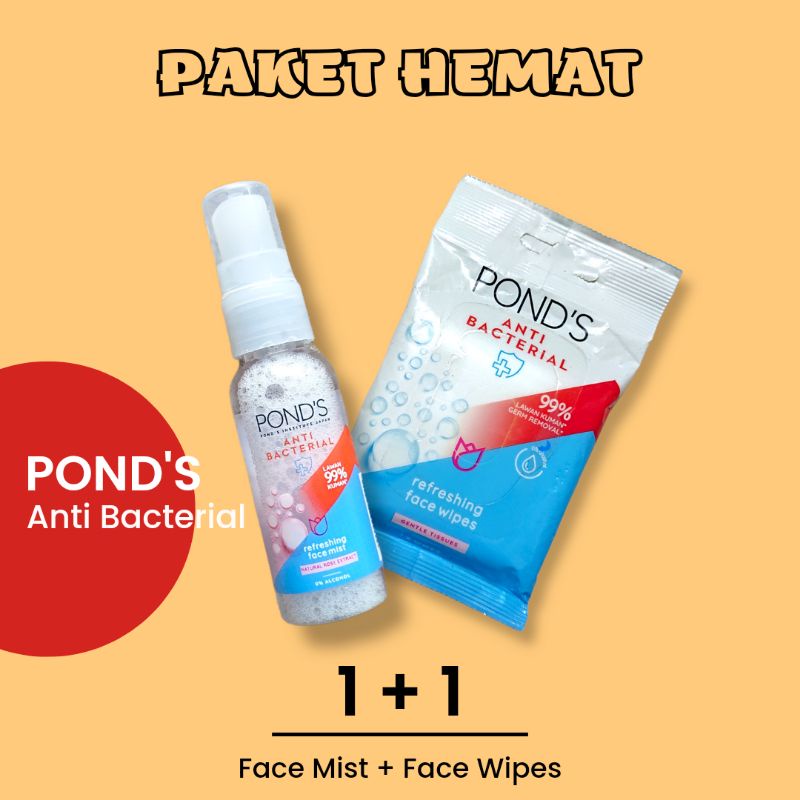 Jual PAKET HEMAT 2 IN 1 PONDS ANTIBACTERIAL REFRESHING FACE MIST 50ml & FACE WIPES 8 TISSUES