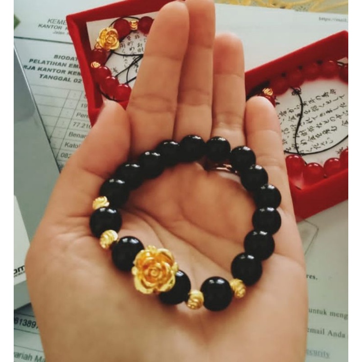GELANG GIOK COMBI BUNGA IMPOR/giok hitam