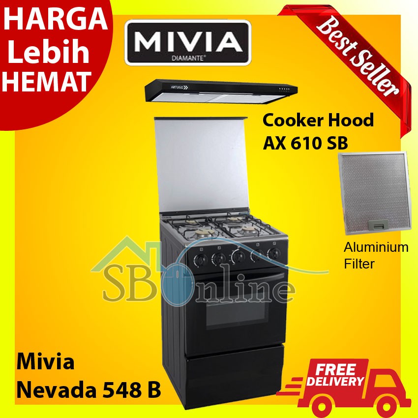 Kompor Gas Freestanding Mivia Nevada 548 B dan Cooker Hood AX 610 SB