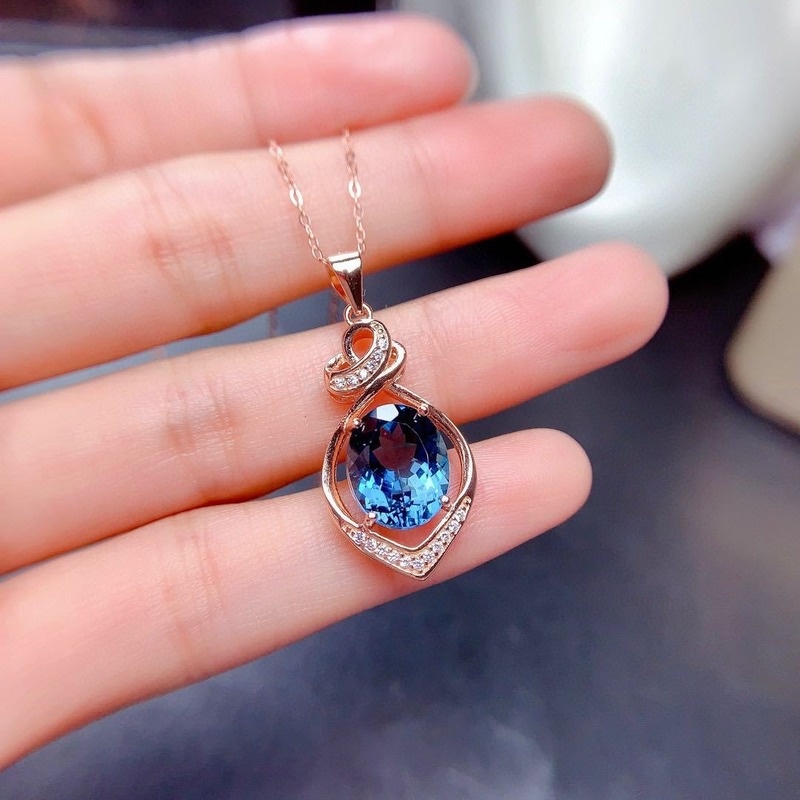 New Natural Blue Moissanite Rose Gold Necklace