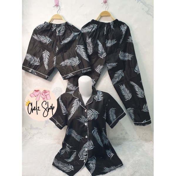 Baju Tidur Wanita/Piyama Wanita Dewasa Katun Motif Daun Part 3-3in1 MOCCA BLACK